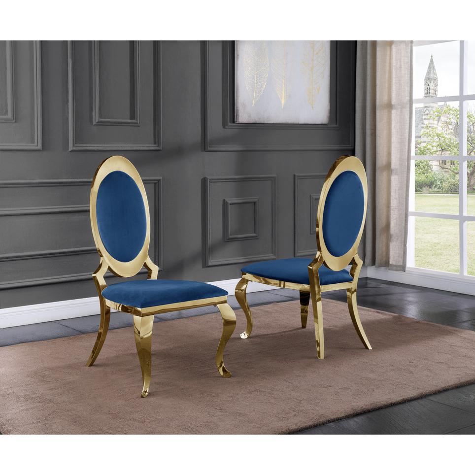 Classic 7pc Dining Set w/Uph Side Chair, Glass Table w/ Gold Spiral Base, Navy Blue