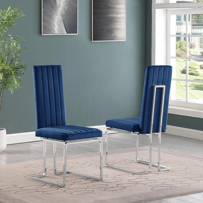 7pc Large(94") glass top dining set with silver base and 6 Navy blue side chairs