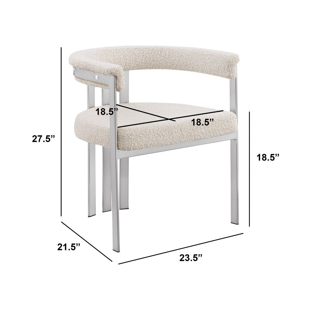 7Pc Tempered Glass Dining Table Set With 6 Cream With Matte Silver Side Chairs