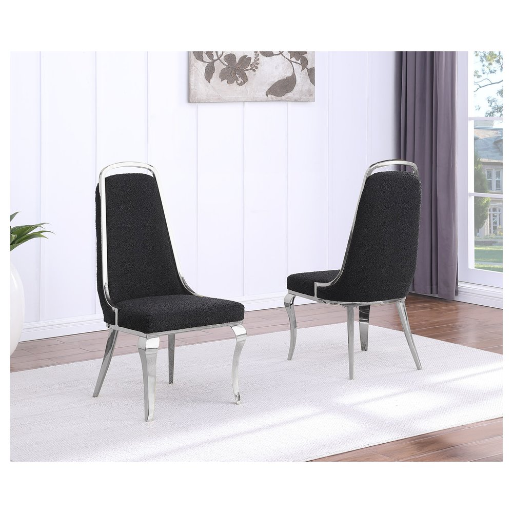 7Pc Tempered Glass Dining Set With 6 Black Boucle Side Chairs And A Silver Base