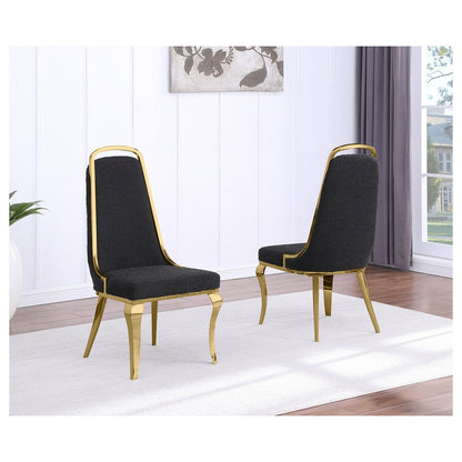 7Pc Tempered Glass Dining Set With 6 Black Boucle Side Chairs And A Gold Base