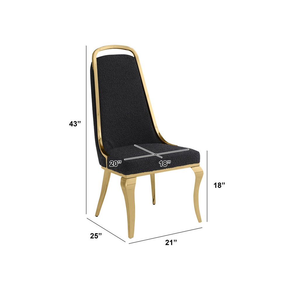 7Pc Tempered Glass Dining Set With 6 Black Boucle Side Chairs And A Gold Base