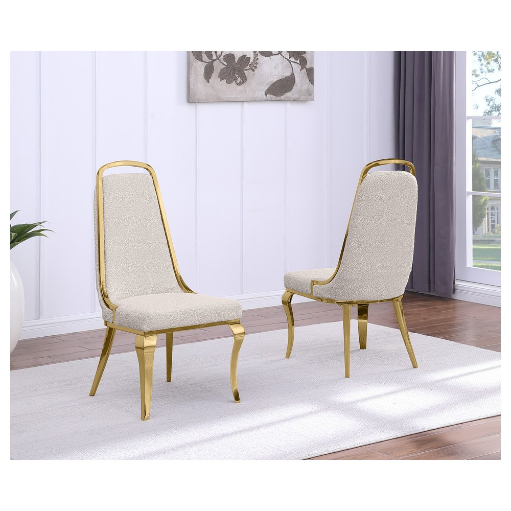 7Pc Tempered Glass Dining Set With 6 Cream Boucle Side Chairs And A Gold Base
