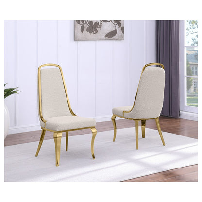 7Pc Tempered Glass Dining Set With 6 Cream Boucle Side Chairs And A Gold Base