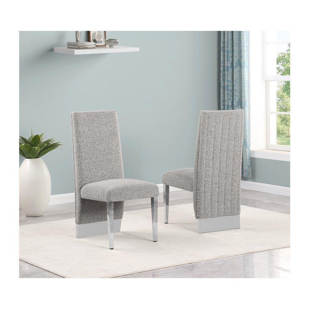 7Pc Tempered Glass Dining Set 6 Rich Gray Boucle Side Chairs And A Silver Base