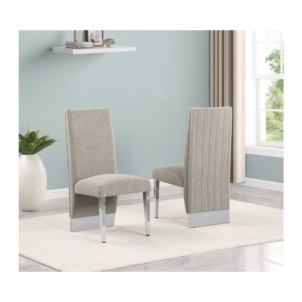 7Pc Tempered Glass Dining Set With 6 Gray Boucle Side Chairs And A Silver Base