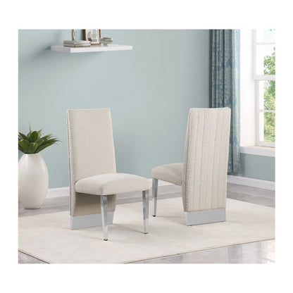 7Pc Tempered Glass Dining Set With 6 Cream Boucle Side Chairs And A Silver Base