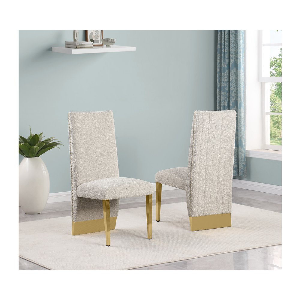 7Pc Tempered Glass Dining Set With 6 Cream Boucle Side Chairs And A Gold Base