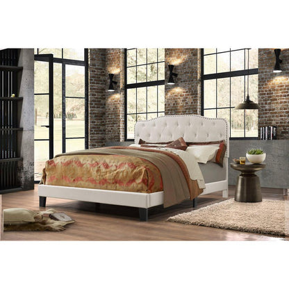Beige Linen Uph. Panel Bed with Silver Nailhead- Full