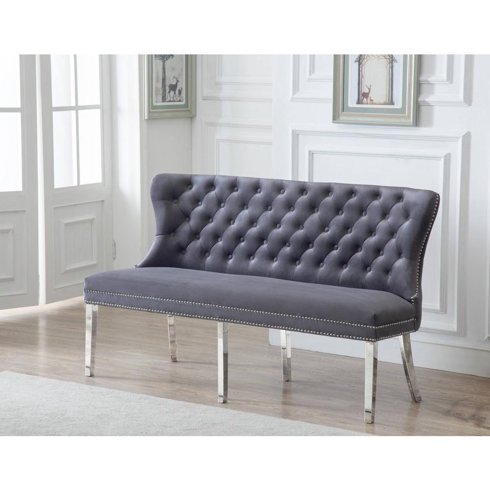 Bench with Tufted Buttons, Double Nailhead Trim, and Stainless Steel Legs