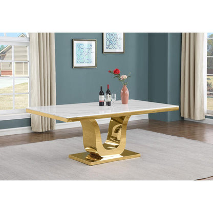 7pc Large(76") marble top dining set with gold base and 6 Dark grey side chairs
