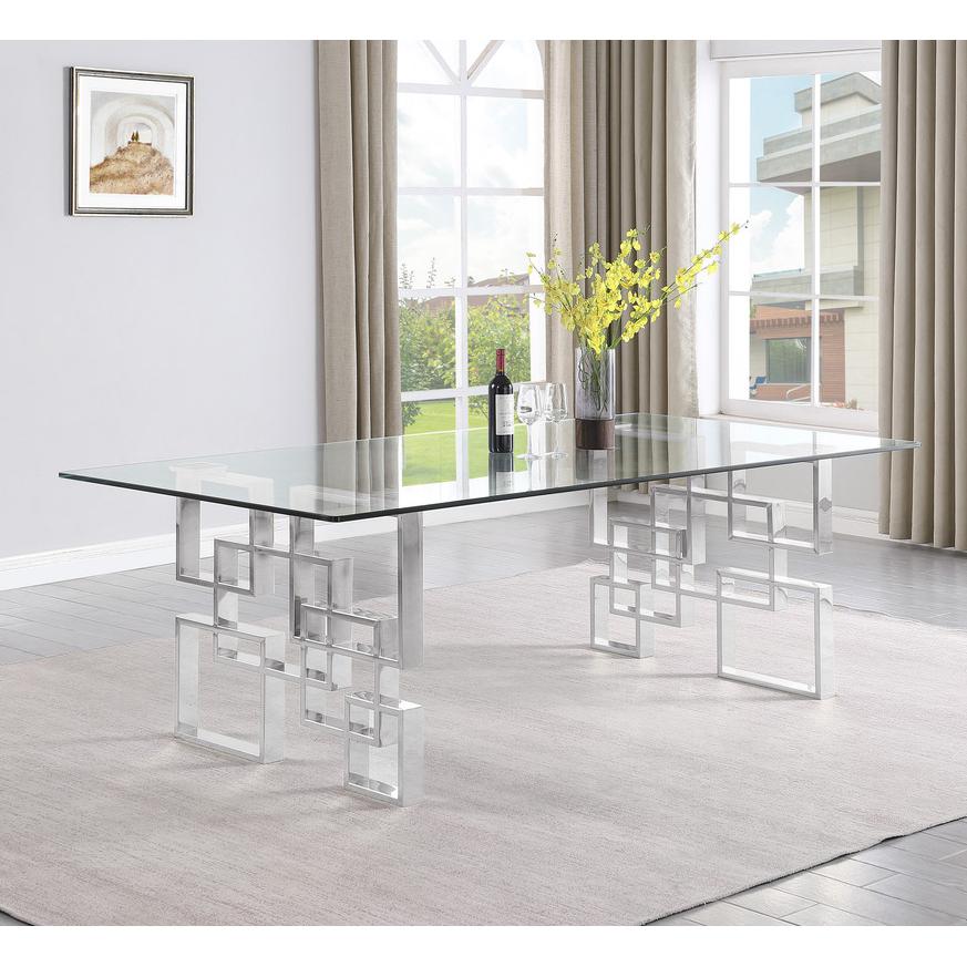 9-piece glam dining set with 8 dark grey chairs and a 95" long glass  table