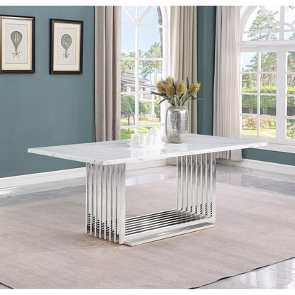 7pc Large(79") marble top dining set with silver base and 6 Cream side chairs