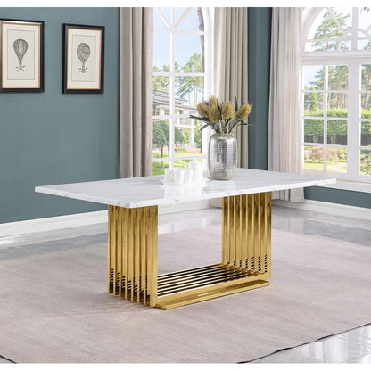 9pc Large(79") marble top dining set with gold base and 8 Black side chairs