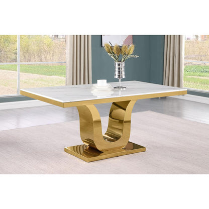 7pc Small(66") marble stop dining set with gold base and 6 Cream side chairs