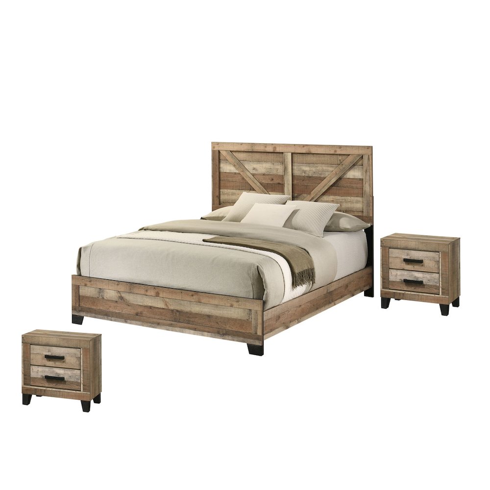3pc Queen Panel Bedroom Set Weathered Brown Pine color (Bed, 2 Nightstand)