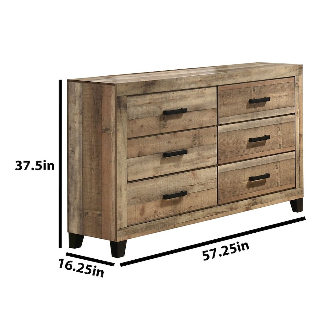 Weathered Brown Pine 6-Drawers Dresser with Mirror