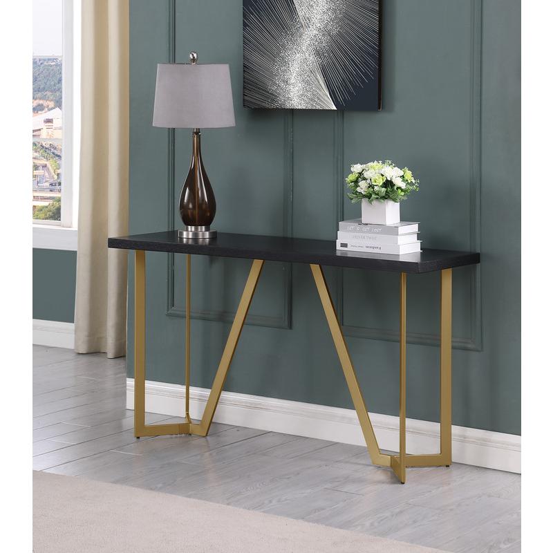 4pc Black wood top coffee table set w/ gold color iron base (1 coffee+2End+1console table)