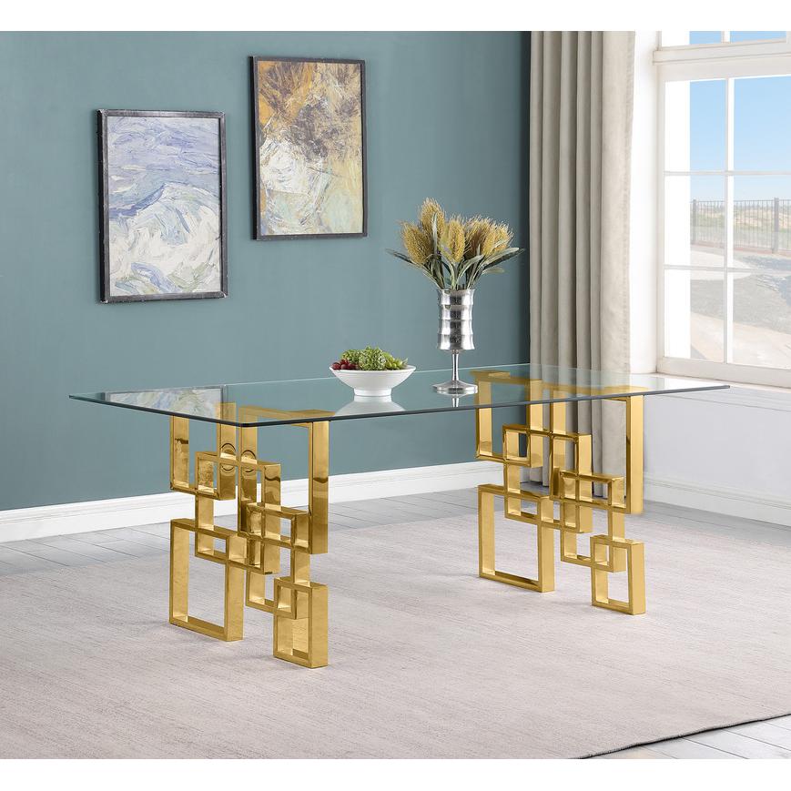 5-piece glam dining set with 4 black chairs and a 79" long glass  table