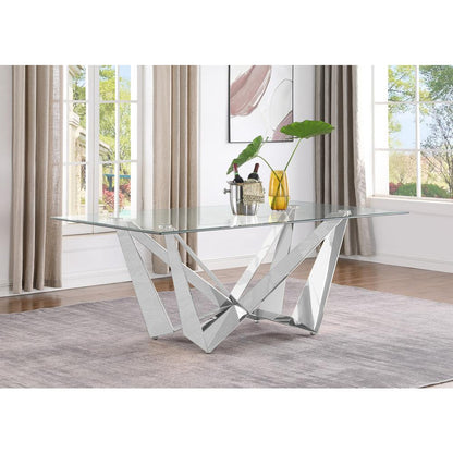 7pc Small(78") glass dining set with silver base and 6 Black side chairs