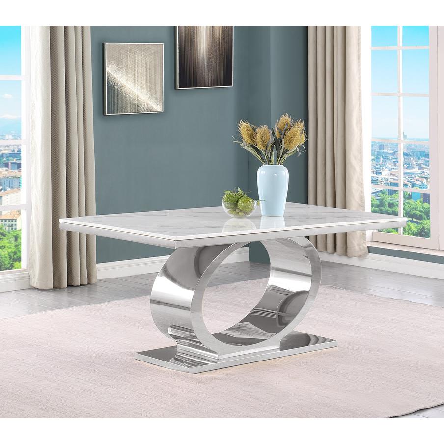 7pc Large(68") marble top dining set with silver base and 6 Black side chairs
