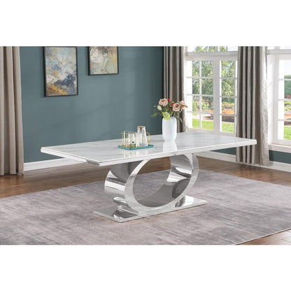 9pc Large(87") marble top dining set with silver base and 8 Black side chairs