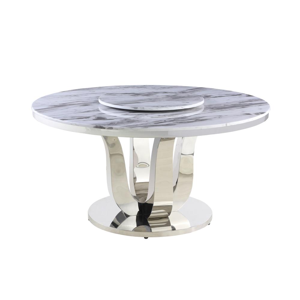 White Marble Lazy-Susan Dining Set Pleated Chairs in Beige Velvet