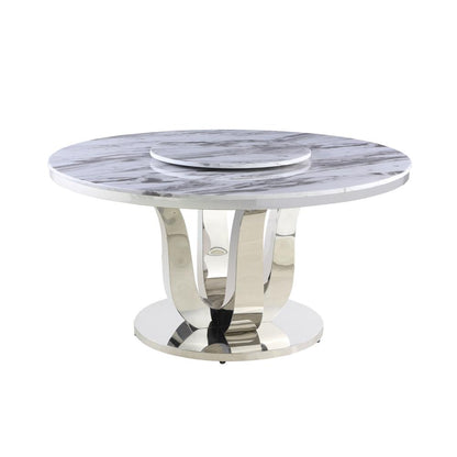White Marble Lazy-Susan Dining Set Pleated Chairs in Beige Velvet