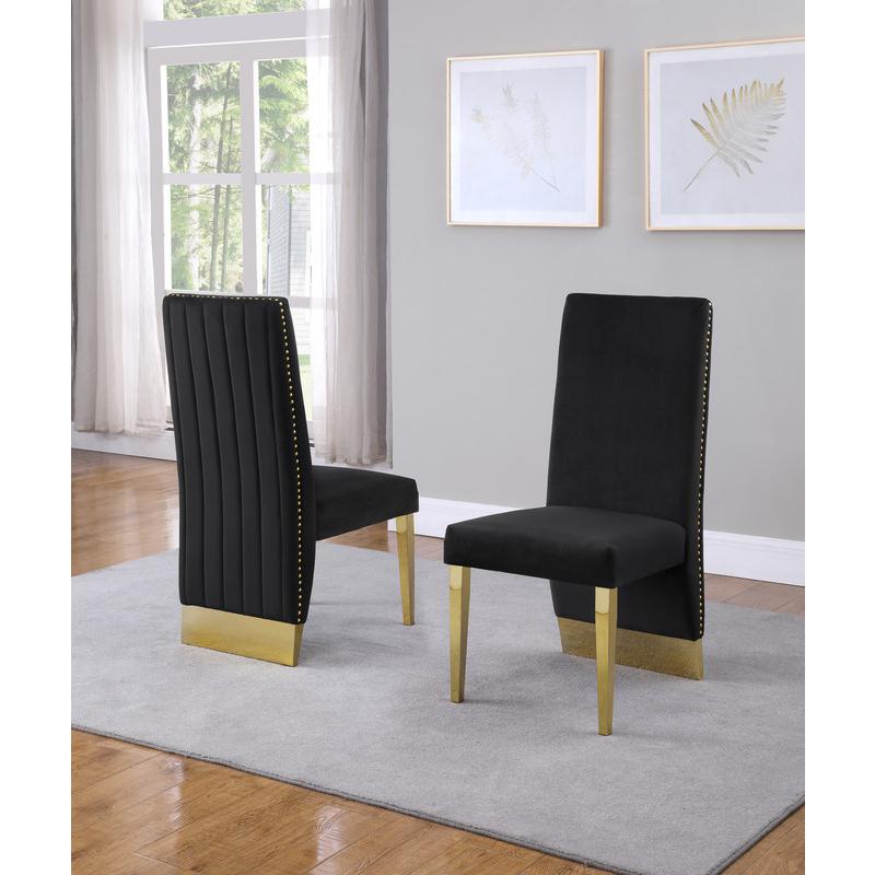 Classic 7pc Dining Set w/Pleated Side Chair, Glass Table w/ Gold Spiral Base, Black