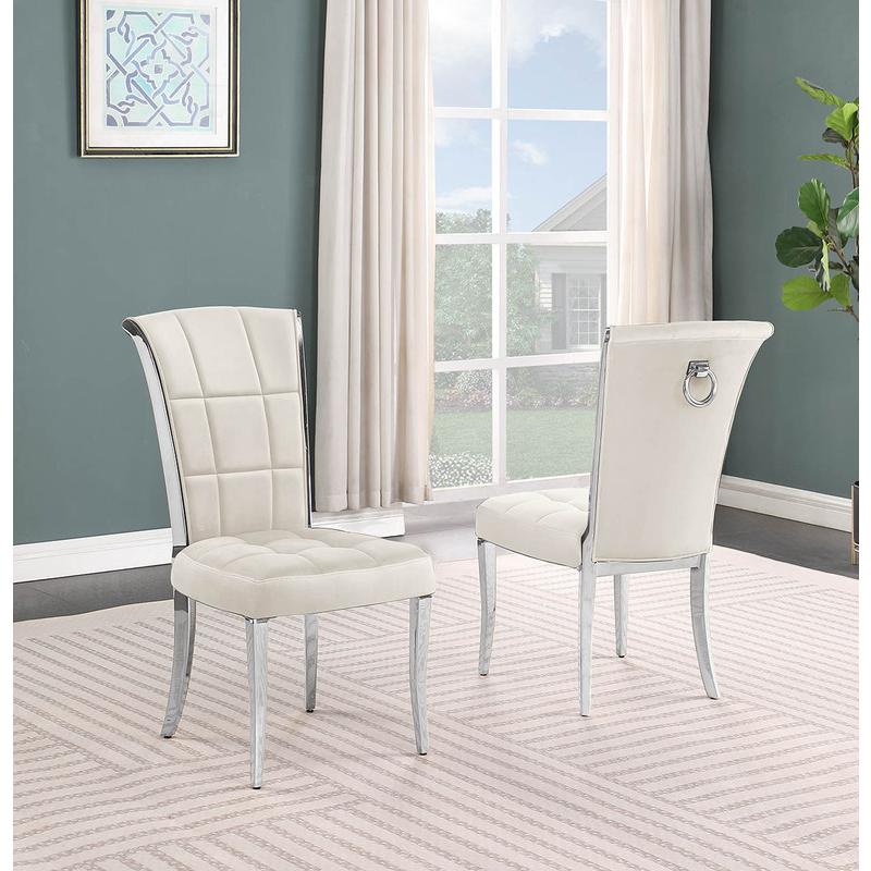 5-piece glam dining set with 4 cream chairs and a 79" long glass  table