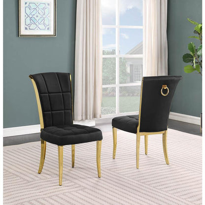 5-piece glam dining set with 4 black chairs and a 79" long glass  table