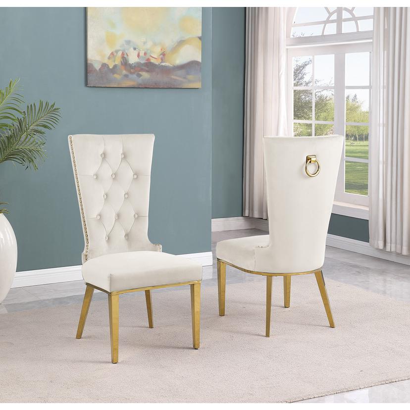 5-piece glam dining set with 4 cream side chiars and a 79" long glass  table