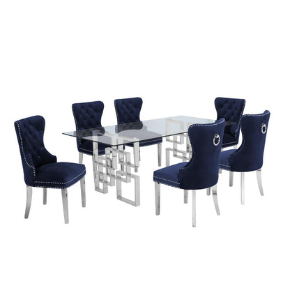 Stainless Steel 7 Piece Dining Set, Navy Velvet 585