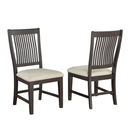 5 piece dining set in rustic brown with beige linen side chairs.
