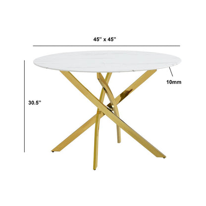 Round Marble Wrap Tempered Glass Dining Table With 4 Linen Gray Side Chairs