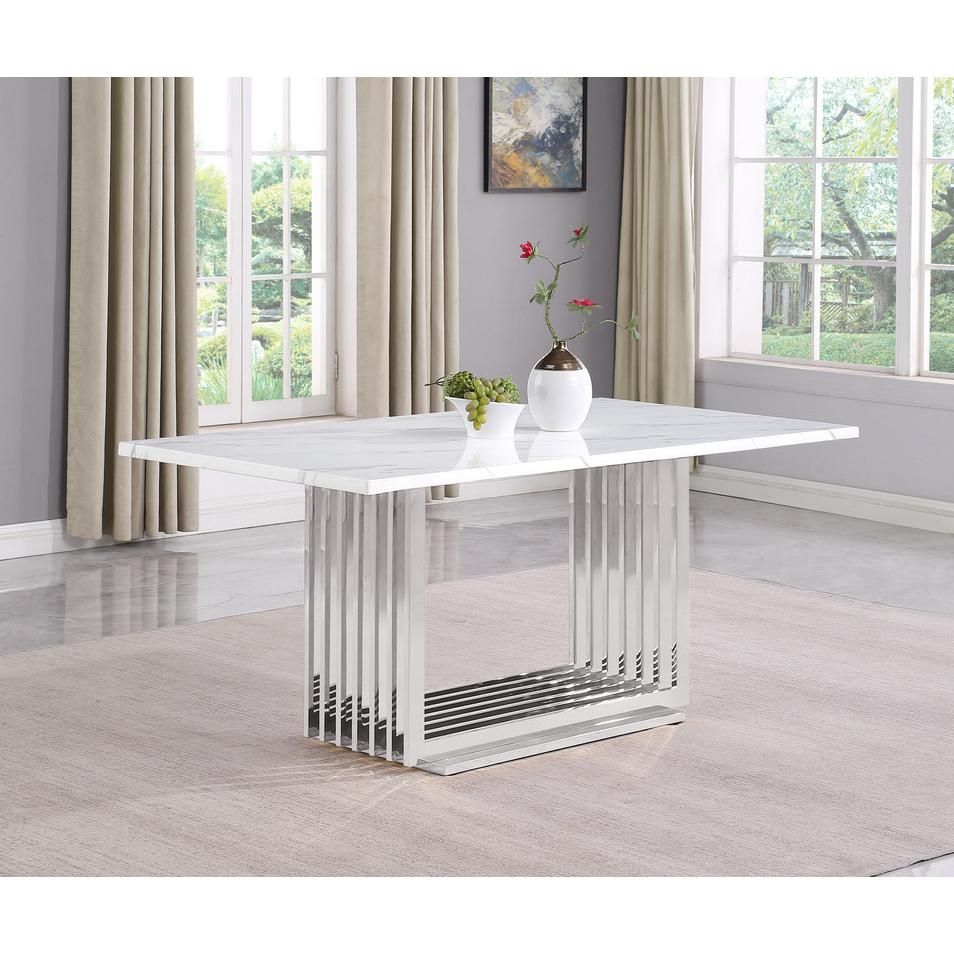 7pc Small(68") marble top dining set with silver base and 6 Cream side chairs