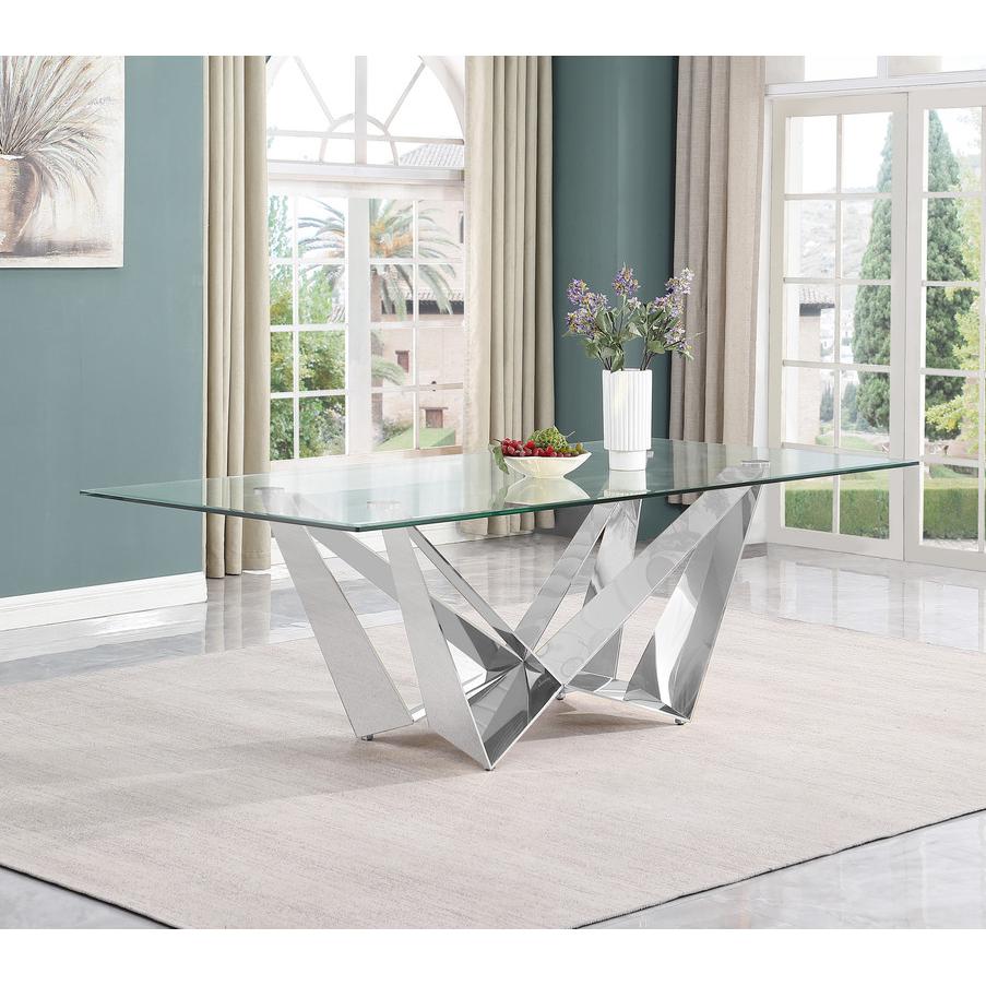 7pc Large(94") glass dining set with silver base and 6 Dark grey side chairs