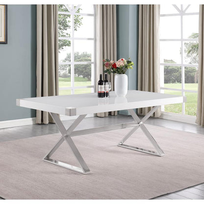 7pc Small(78") white wood top dining set with silver base and 6 side chairs