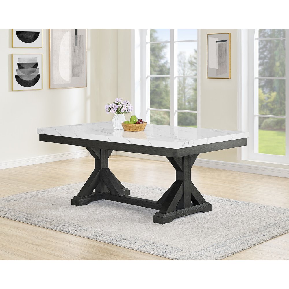 7Pc Fuax Marble Top Dining Set With 6 Gray Side Chairs
