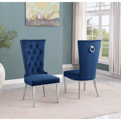 7-piece glam dining set with 6 navy blur chairs and a 79" long glass  table