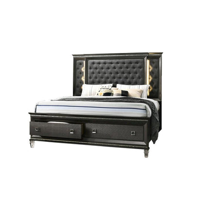 Panel Bed with Tufted Buttons and  Backlit Backboard with 2 Footboard Drawers and Jewel Strip on Footboard and Headboard