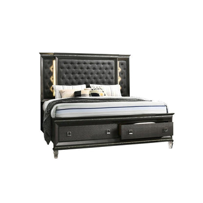 Panel Bed with Tufted Buttons and  Backlit Backboard with 2 Footboard Drawers and Jewel Strip on Footboard and Headboard