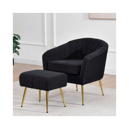 2 Piece Barrel Chair With Matching Ottoman In Black And Gold