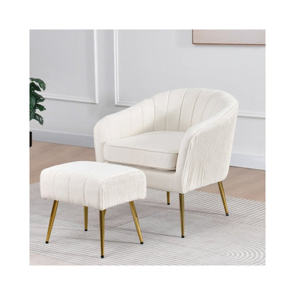 2 Piece Barrel Chair With Matching Ottoman In Beige And Gold