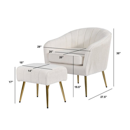 2 Piece Barrel Chair With Matching Ottoman In Beige And Gold