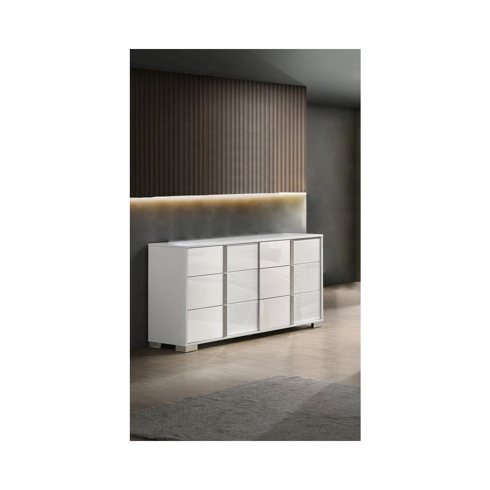 White dresser with 6 drawers and metal trim