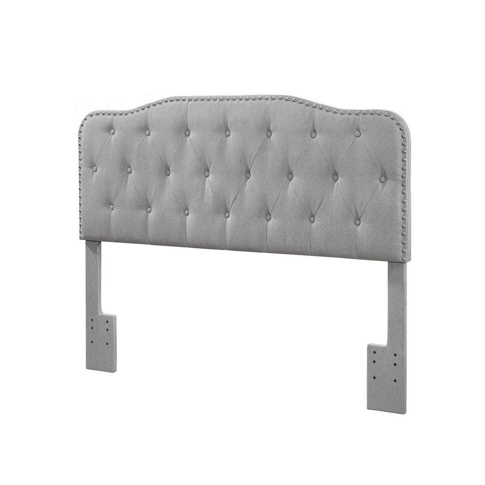 Queen/Full Headboard Gray Linen Upholstered Button Tufted & Nailhead Trim