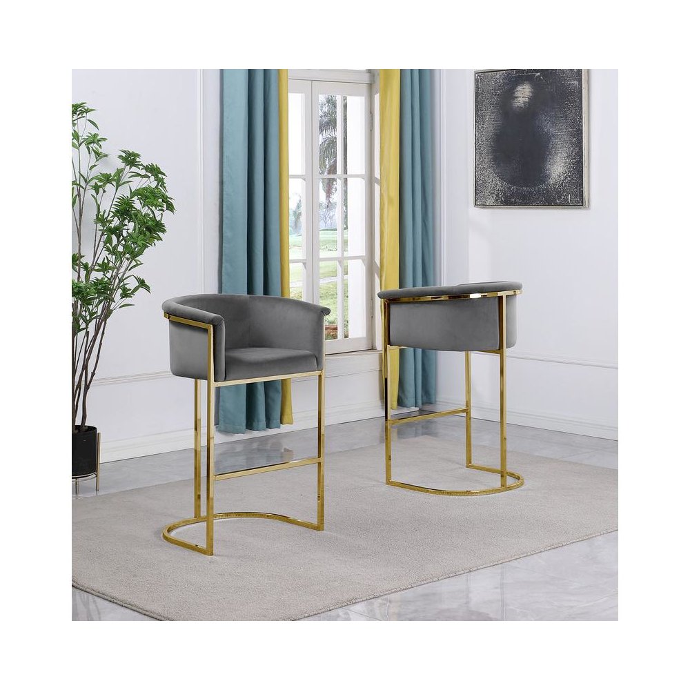29" Dark Gray Velvet Upholstered Barstool with Gold Base -Single