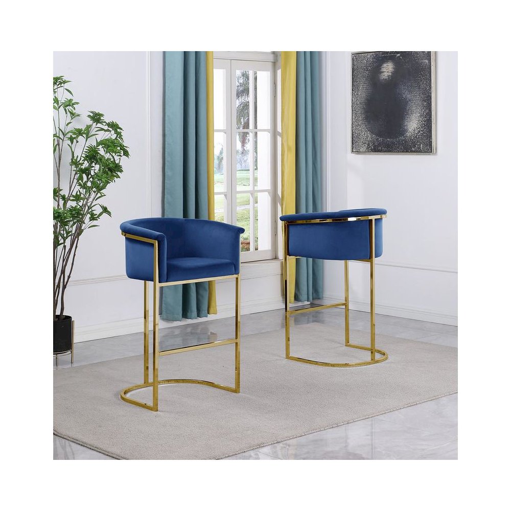 29" Navy Blue Upholstered Barstool with Gold Base -Single
