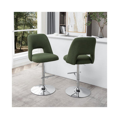 Boucle fabric upholstered barstool with a green seat and silver base (SET OF 2)